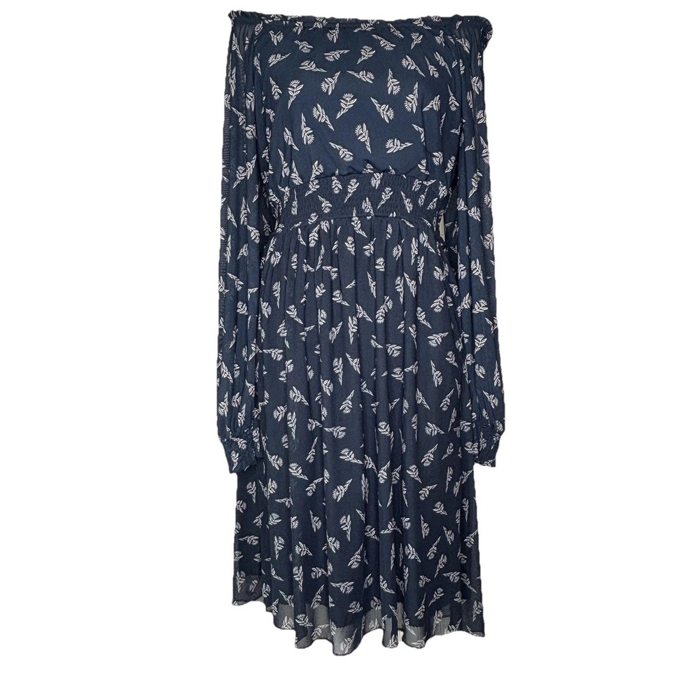 Knox Rose Dress Midi M Blue L/S Smocked Pocket Waist Cuff Ruffle Romantic Career